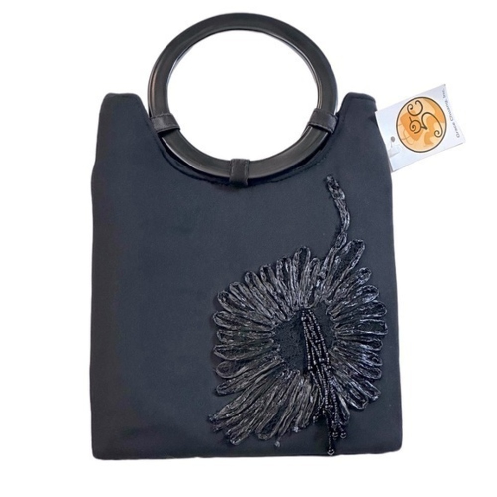 Grace Chuang Satin Beaded Floral Evening Clutch Black Women One Size